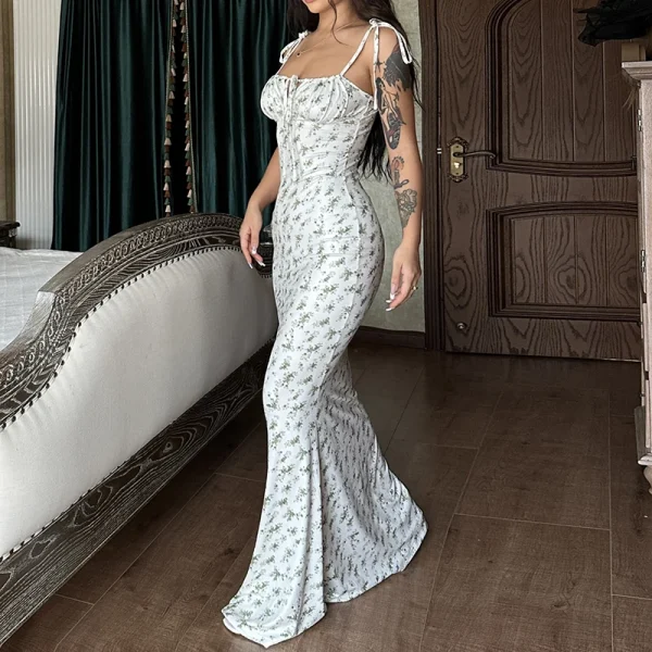 Floral Spaghetti Strap Beach Vacation Streetwear Long Bodycon Dress - Image 3