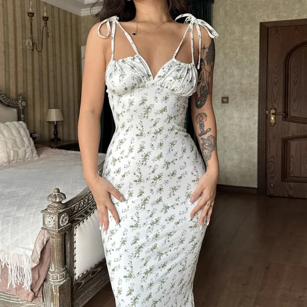 Floral Spaghetti Strap Beach Vacation Streetwear Long Bodycon Dress - Image 4