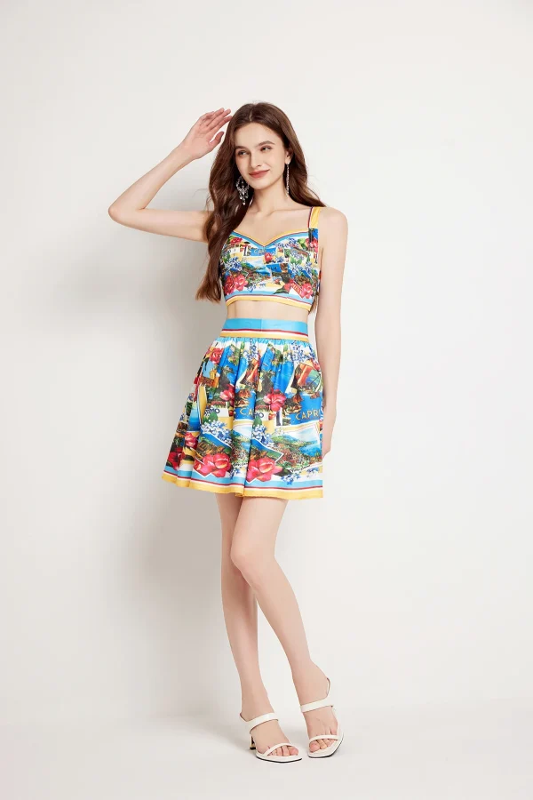 Flower Chest Pads Crop Tops Mini Short Skirt Suits Holiday Beach Matching Sets