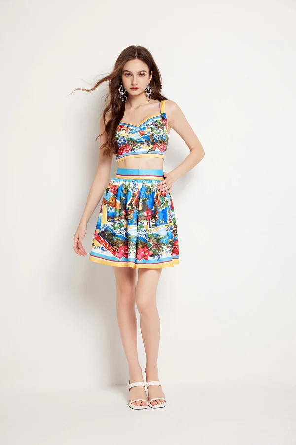 Flower Chest Pads Crop Tops Mini Short Skirt Suits Holiday Beach Matching Sets - Image 5
