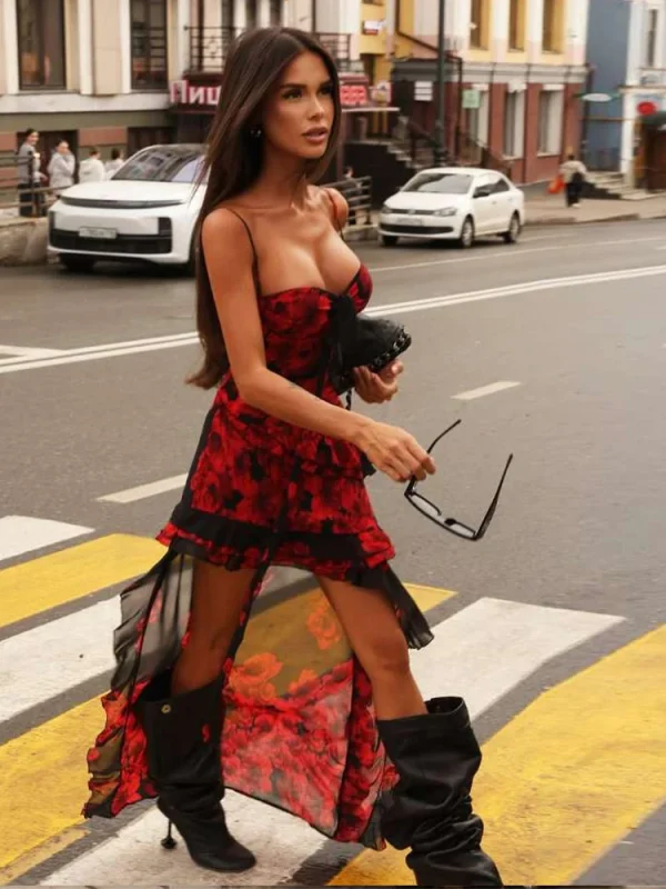Flower Print Irregular Ruffles Tassel Hem Low-Neck Folds Skinny Street Midnight Party Dress - Image 3
