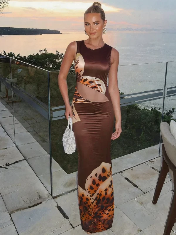 Flower Print O-Neck Sleeveless Holiday Beach Style Maxi Dress