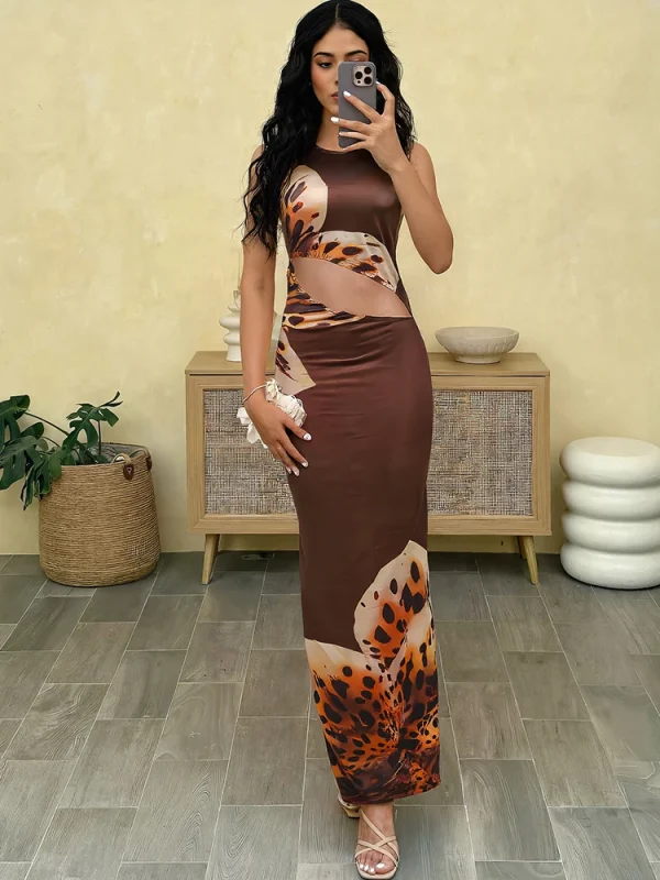 Flower Print O-Neck Sleeveless Holiday Beach Style Maxi Dress - Image 2