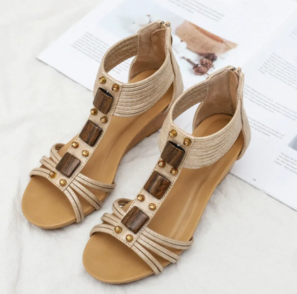 Formal Open Toe Flower Wedge Back Strap Narrow Band Zipper Sandals - Image 3