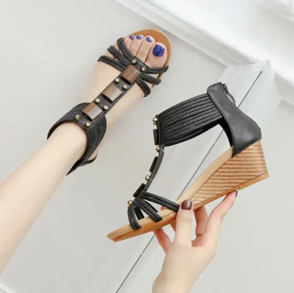 Formal Open Toe Flower Wedge Back Strap Narrow Band Zipper Sandals