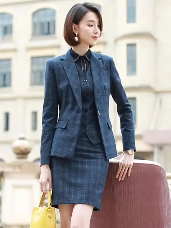 Formal Plaid Design Jacket Vest Office Mini Skirt 3 Piece Suit