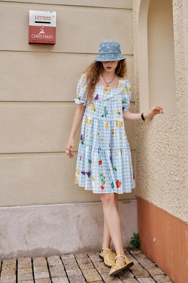 Fruit Print Square Collar Checkered Bubble Sleeve Chic Dress