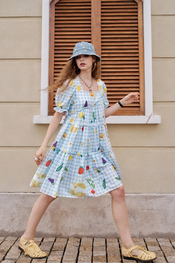 Fruit Print Square Collar Checkered Bubble Sleeve Chic Dress - Image 8
