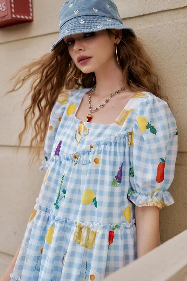 Fruit Print Square Collar Checkered Bubble Sleeve Chic Dress - Image 9