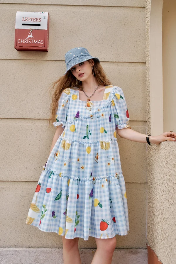 Fruit Print Square Collar Checkered Bubble Sleeve Chic Dress - Image 4