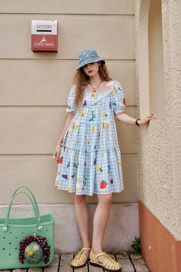 Fruit Print Square Collar Checkered Bubble Sleeve Chic Dress - Image 2
