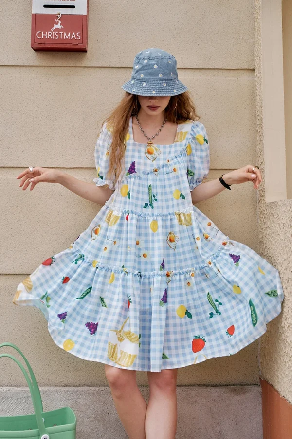 Fruit Print Square Collar Checkered Bubble Sleeve Chic Dress - Image 3