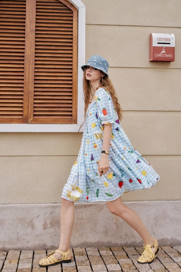 Fruit Print Square Collar Checkered Bubble Sleeve Chic Dress - Image 5