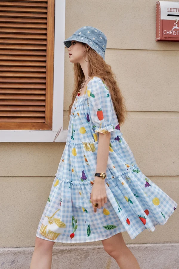 Fruit Print Square Collar Checkered Bubble Sleeve Chic Dress - Image 11