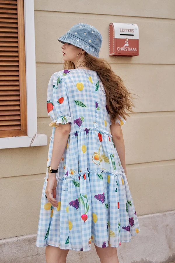 Fruit Print Square Collar Checkered Bubble Sleeve Chic Dress - Image 10