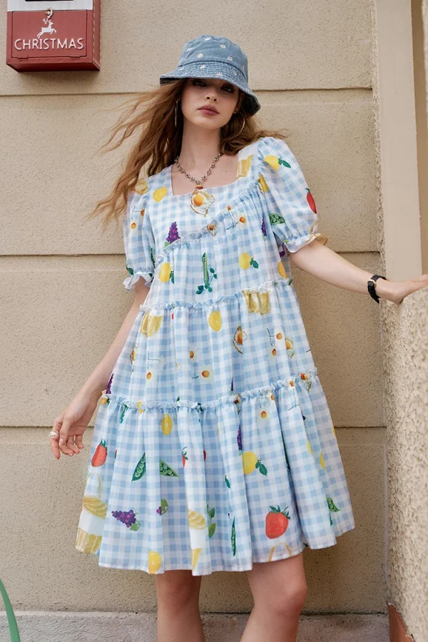 Fruit Print Square Collar Checkered Bubble Sleeve Chic Dress - Image 6