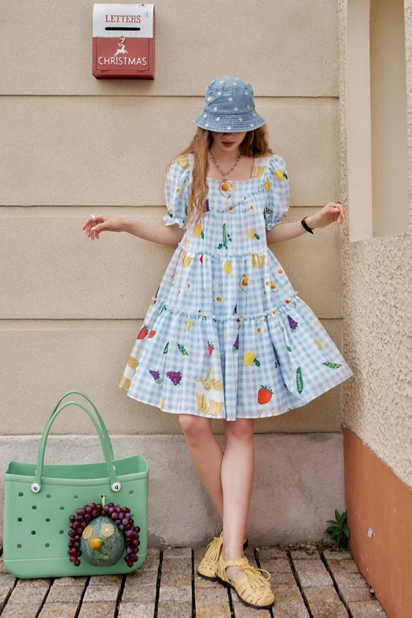 Fruit Print Square Collar Checkered Bubble Sleeve Chic Dress - Image 7