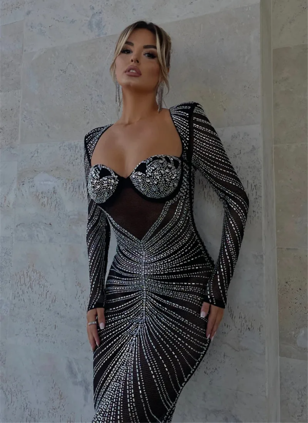 Glitter Fashion Mesh See Through Party Full Sleeve Bodycon Club Long Maxi Dress - Image 8