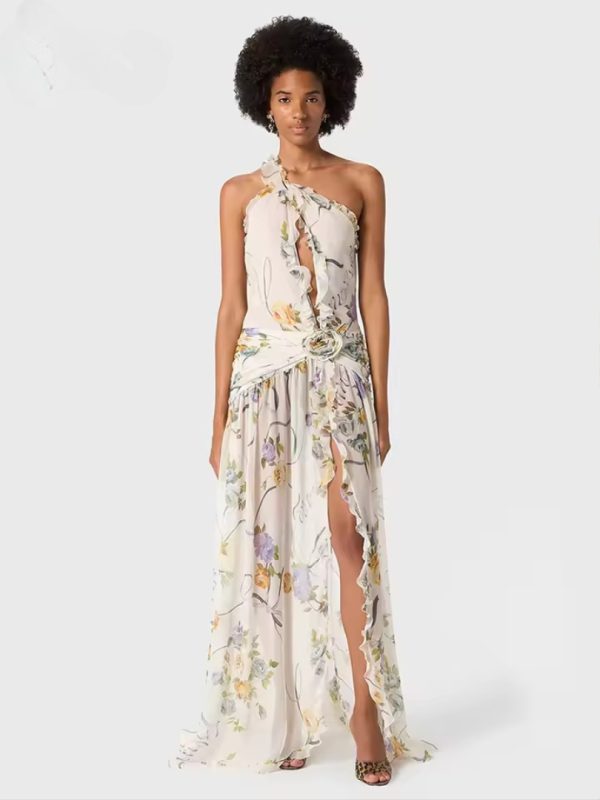 Gorgeous Fashion Floral One-Shoulder High Slit Sleeveless Dress