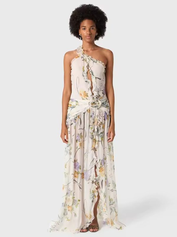 Gorgeous Fashion Floral One-Shoulder High Slit Sleeveless Dress - Image 5