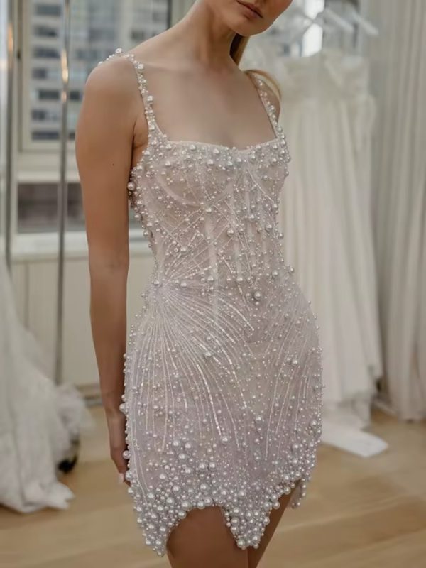 Gorgeous Fashion Stunning Sleeveless Pearl Short Wedding Mini Dress - Image 4