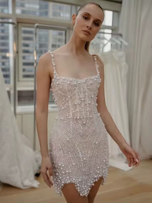 Gorgeous Fashion Stunning Sleeveless Pearl Short Wedding Mini Dress - Image 3