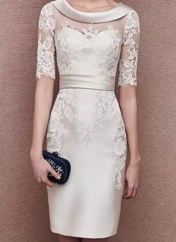 Gorgeous Jewel Neck Half Sleeves Lace Tea-Length Customization Sheath Guest Dresses - Image 12