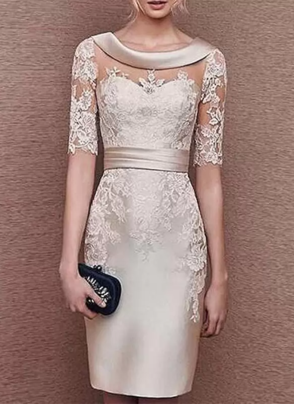 Gorgeous Jewel Neck Half Sleeves Lace Tea-Length Customization Sheath Guest Dresses - Image 7