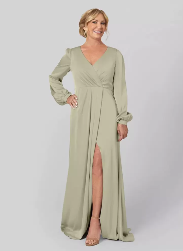 Gorgeous V-Neck Long Sleeves A-Line Pleated With Train Guest Dresses - Image 5