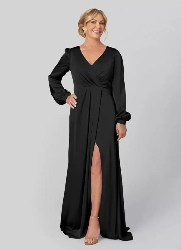 Gorgeous V-Neck Long Sleeves A-Line Pleated With Train Guest Dresses