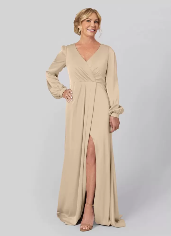 Gorgeous V-Neck Long Sleeves A-Line Pleated With Train Guest Dresses - Image 2