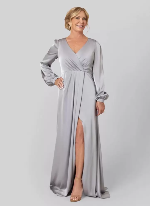 Gorgeous V-Neck Long Sleeves A-Line Pleated With Train Guest Dresses - Image 6