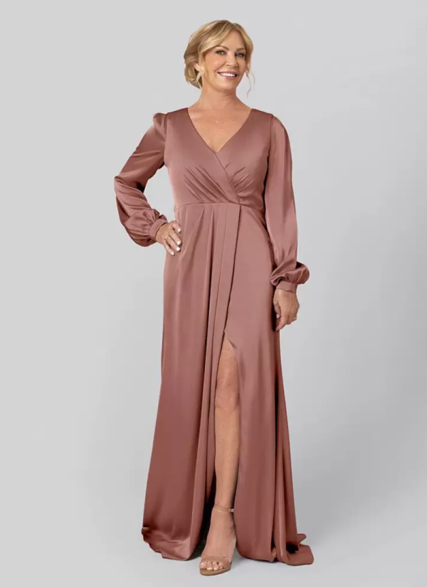 Gorgeous V-Neck Long Sleeves A-Line Pleated With Train Guest Dresses - Image 4