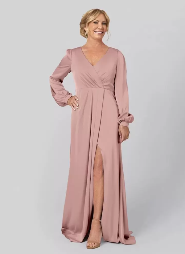 Gorgeous V-Neck Long Sleeves A-Line Pleated With Train Guest Dresses - Image 3