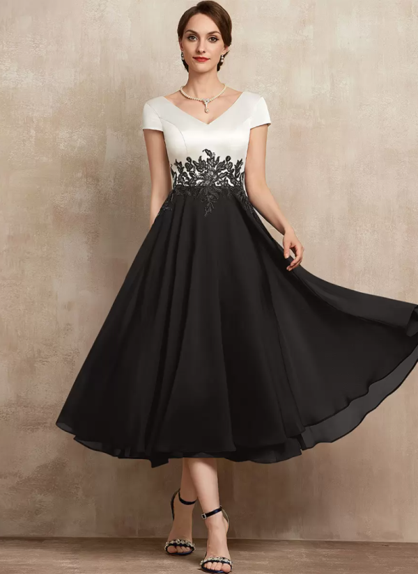 Gorgeous V-Neck Short Sleeves A-Line Lace Tea-Length Guest Dresses