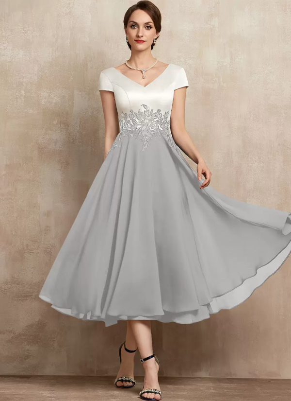Gorgeous V-Neck Short Sleeves A-Line Lace Tea-Length Guest Dresses - Image 8