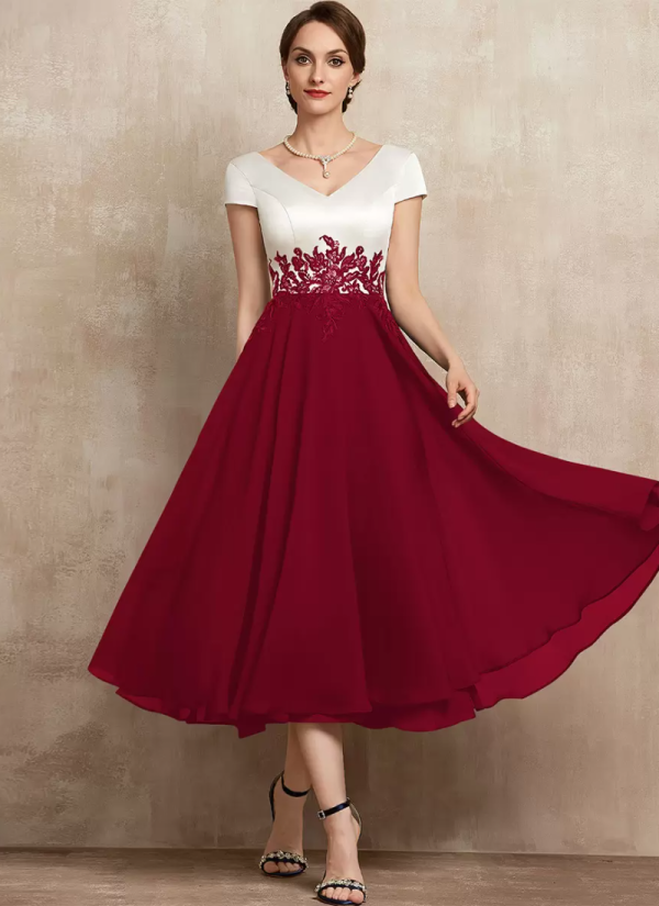 Gorgeous V-Neck Short Sleeves A-Line Lace Tea-Length Guest Dresses - Image 2