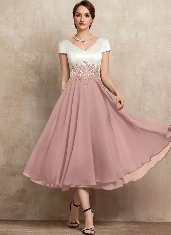 Gorgeous V-Neck Short Sleeves A-Line Lace Tea-Length Guest Dresses - Image 7