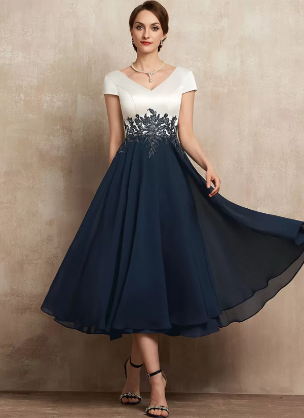 Gorgeous V-Neck Short Sleeves A-Line Lace Tea-Length Guest Dresses - Image 3