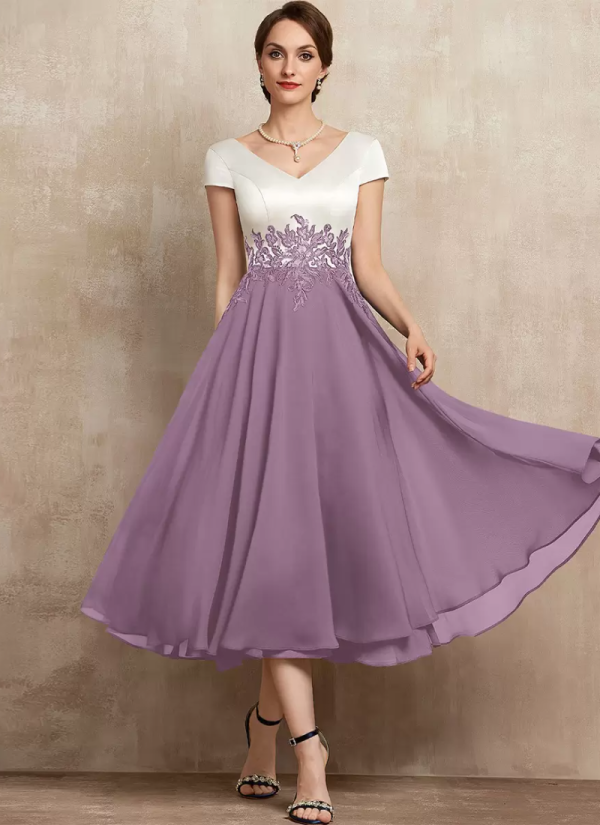 Gorgeous V-Neck Short Sleeves A-Line Lace Tea-Length Guest Dresses - Image 6