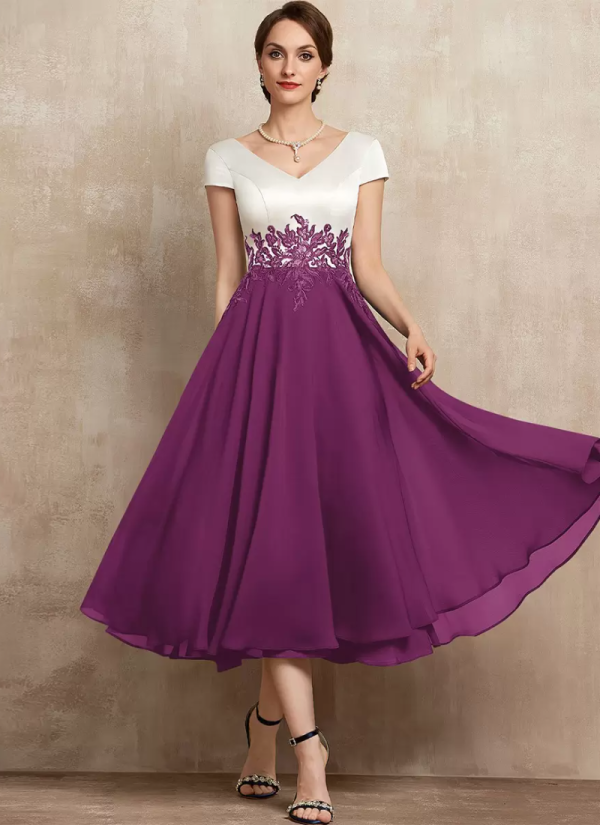 Gorgeous V-Neck Short Sleeves A-Line Lace Tea-Length Guest Dresses - Image 5