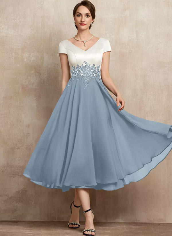 Gorgeous V-Neck Short Sleeves A-Line Lace Tea-Length Guest Dresses - Image 9