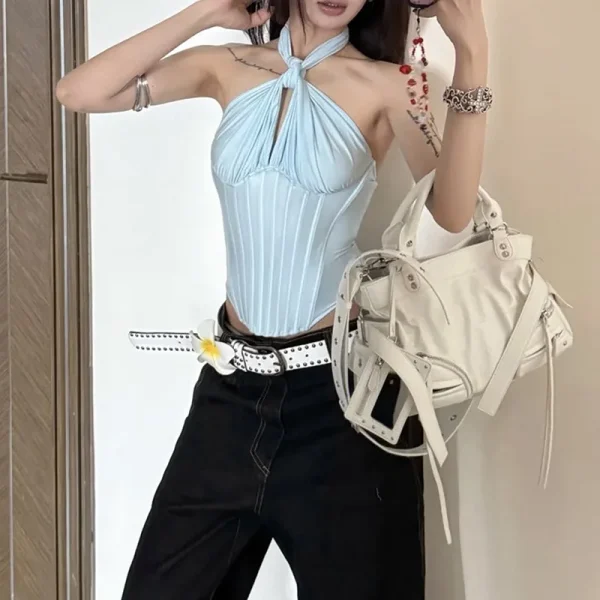 Gothic Solid Backless Punk Halter Fish Bone Crop Tank Tops - Image 2