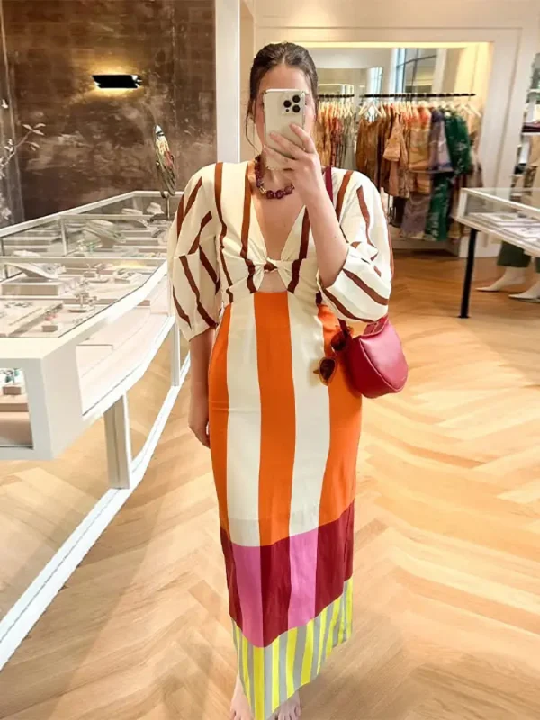 Half Sleeve Panelled Print V-neck Twist Knot Hollow Out Waist Cinching Hip Package Dress - Image 7