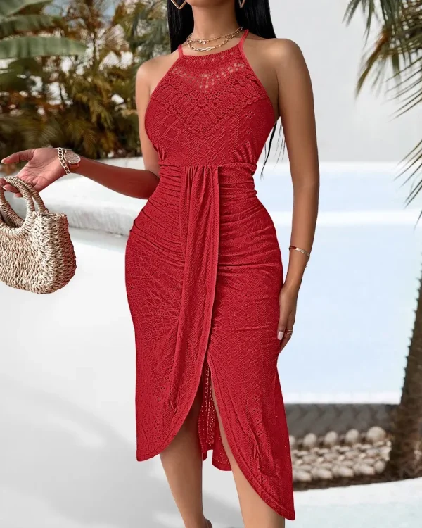 Halter Hollow Strapless Front Slit Ruched Irregular Street Trendy Dress - Image 11