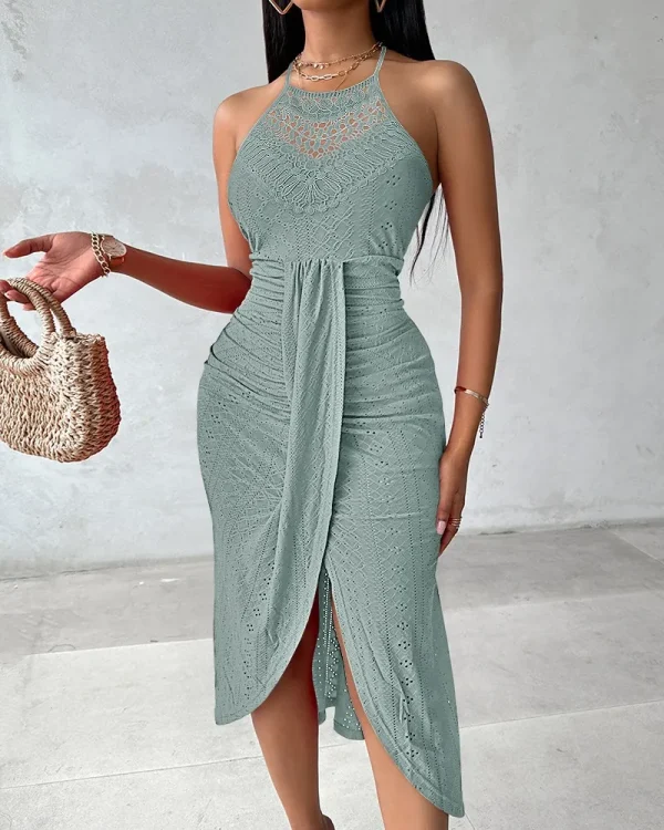 Halter Hollow Strapless Front Slit Ruched Irregular Street Trendy Dress - Image 2