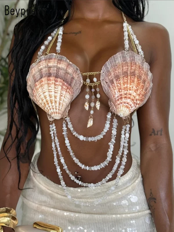 Halter Neck Beaded Gorgeous Backless Metal Chain Bikini Top - Image 2