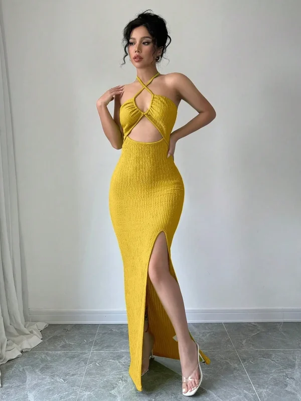Halter Neck Lace-Up Hollow Out High Slit Maxi Sheath Dress - Image 2
