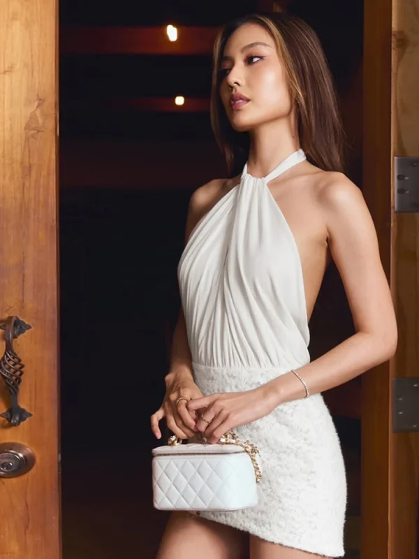 Halter Off Shoulder Backless Patchwork Hem Midnight Club Party Ruched Dress