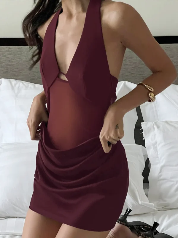 Hanging V-Neck Backless Lace Up Pleated High Waist Dress - Image 2